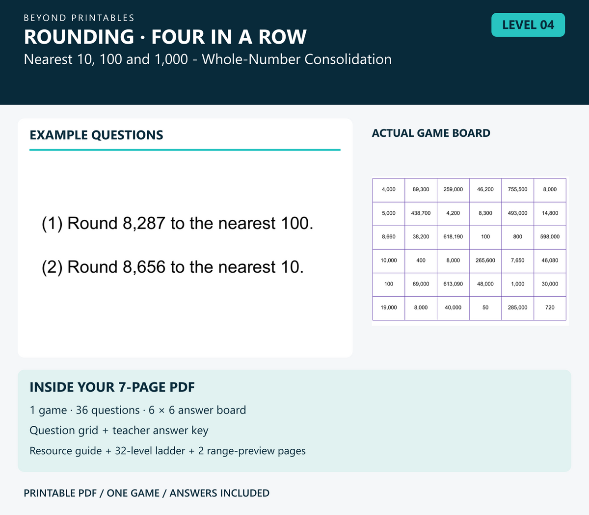 Rounding Four in a Row | Level 04: Nearest 10, 100 and 1,000 - Whole-Number Consolidation | Version 1 — two example questions, game board and PDF contents