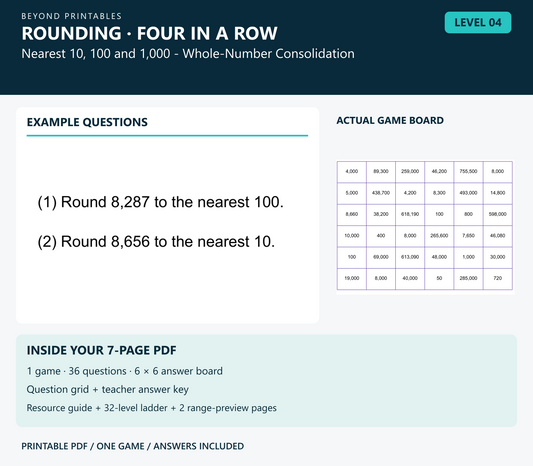 Rounding Four in a Row | Level 04: Nearest 10, 100 and 1,000 - Whole-Number Consolidation | Version 1 — two example questions, game board and PDF contents