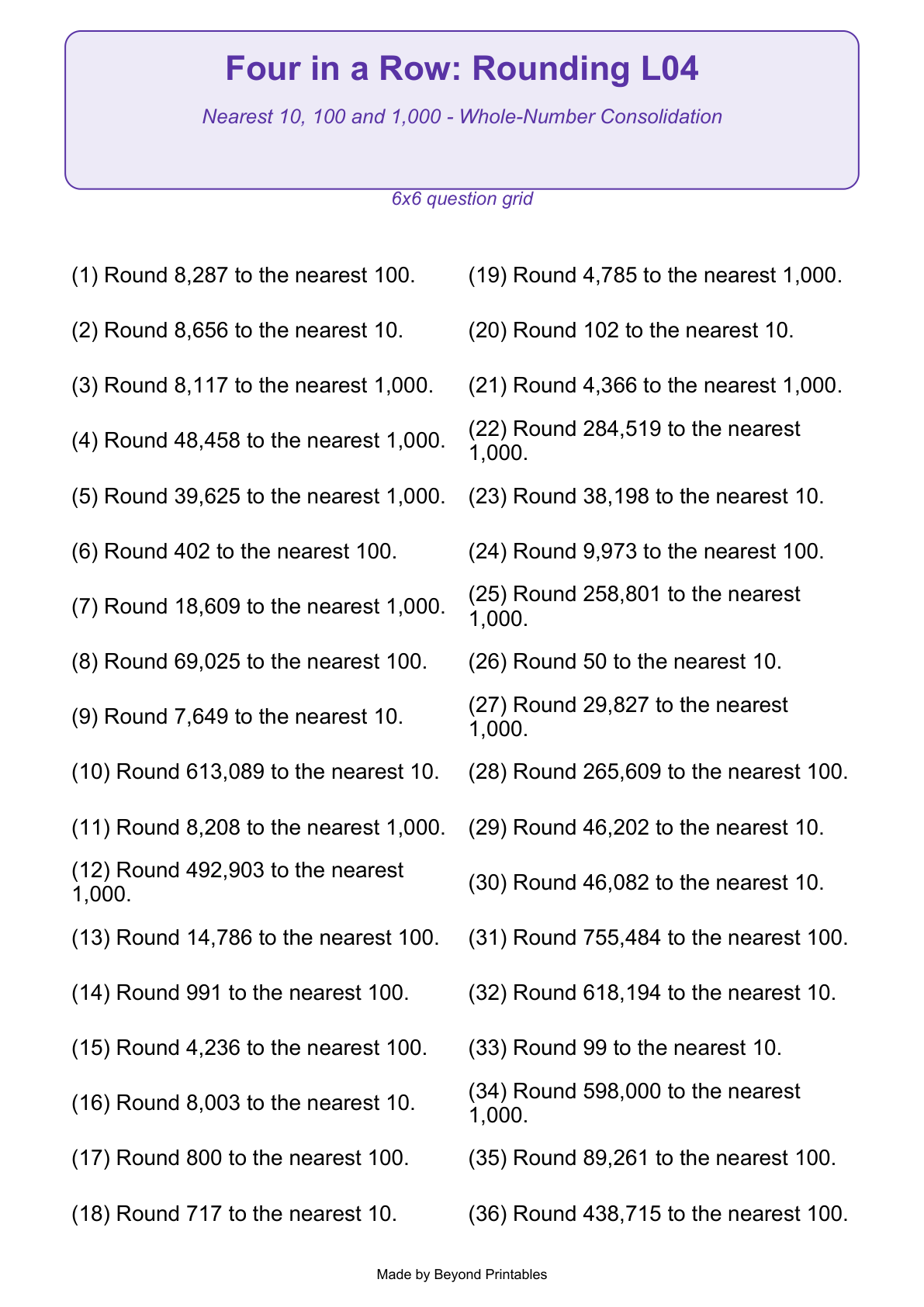 Rounding Four in a Row | Level 04: Nearest 10, 100 and 1,000 - Whole-Number Consolidation | Version 1 — question-grid