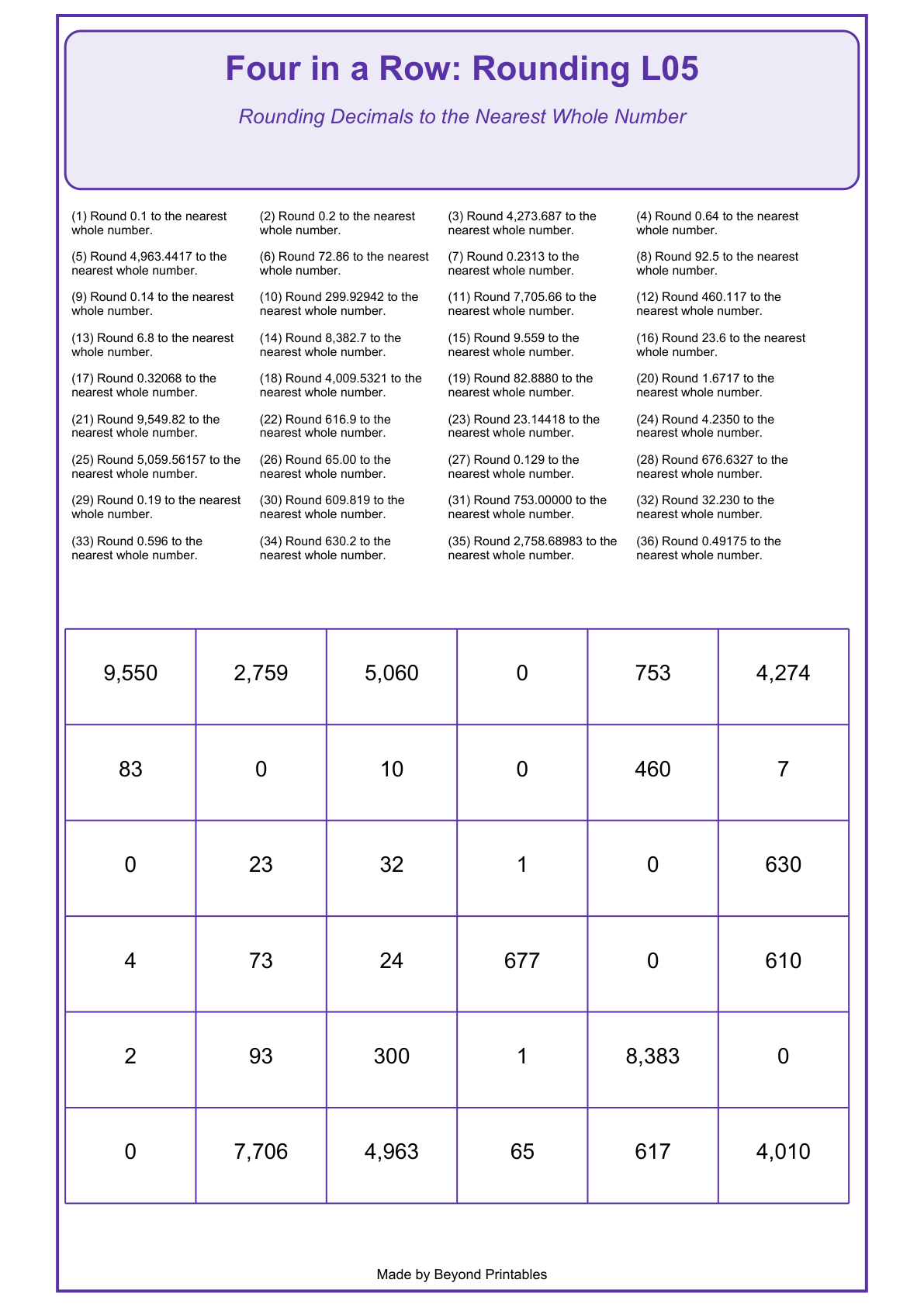 Rounding Four in a Row | Level 05: Rounding Decimals to the Nearest Whole Number | Version 1 — game-board