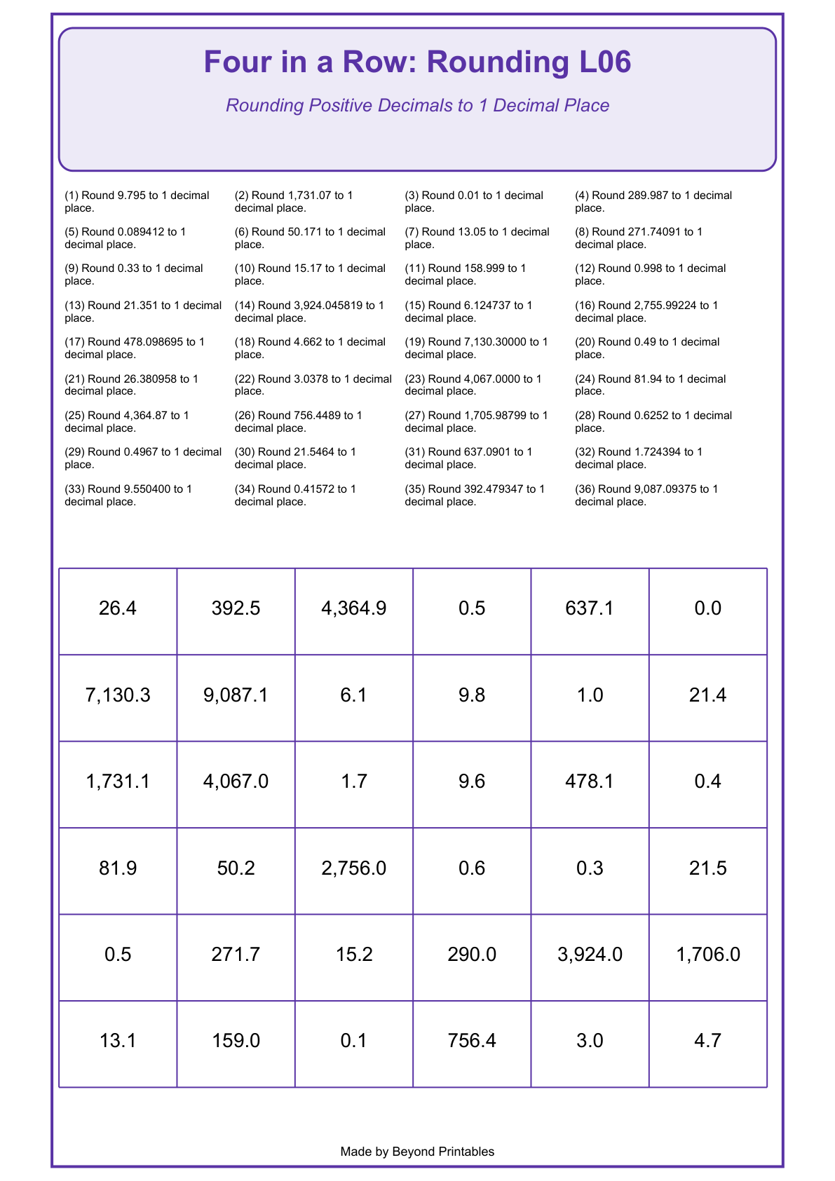 Rounding Four in a Row | Level 06: Rounding Positive Decimals to 1 Decimal Place | Version 1 — game-board