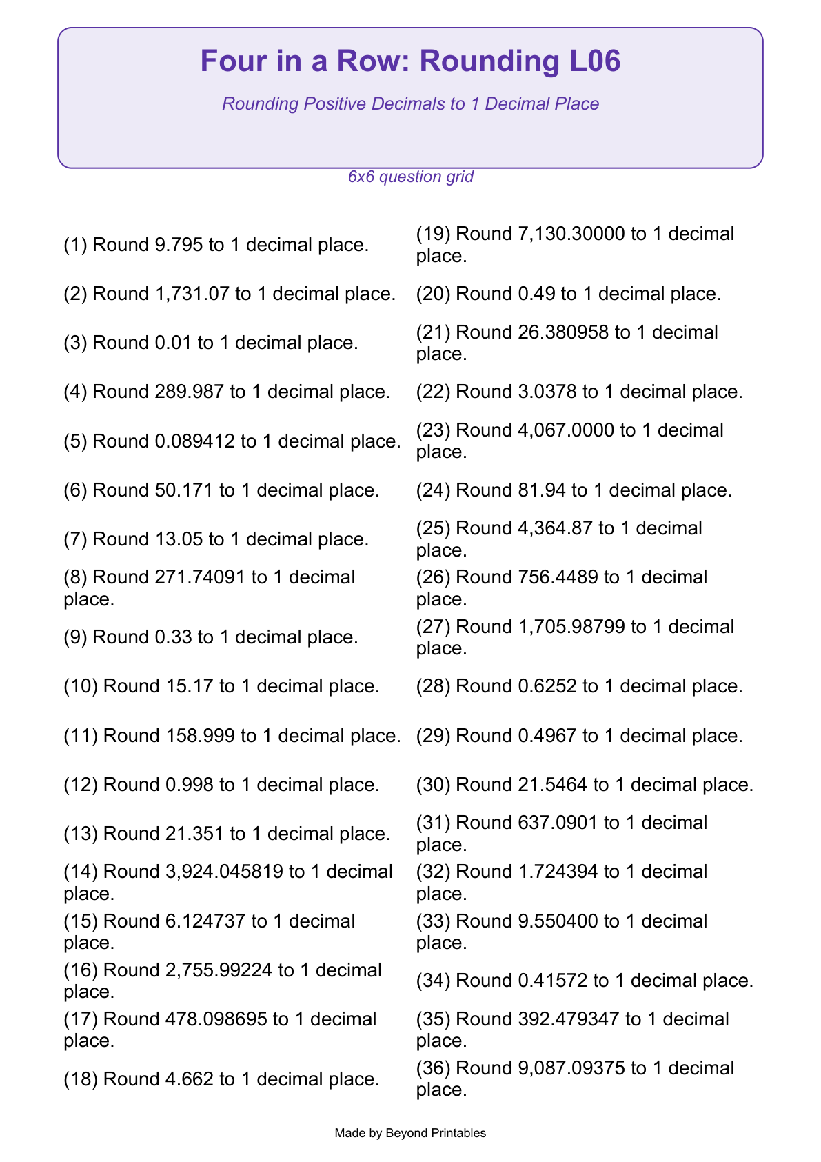 Rounding Four in a Row | Level 06: Rounding Positive Decimals to 1 Decimal Place | Version 1 — question-grid