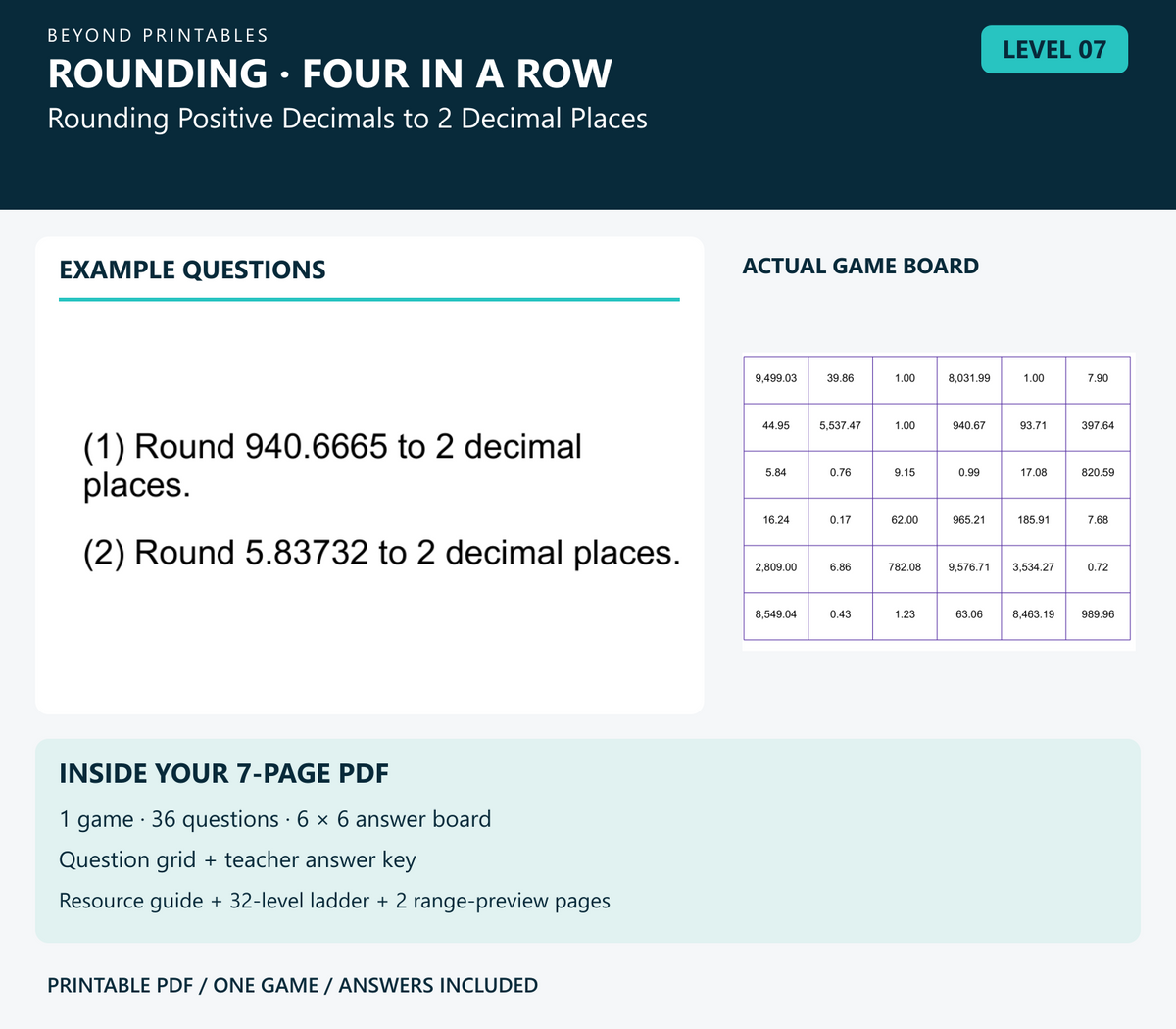 Rounding Four in a Row | Level 07: Rounding Positive Decimals to 2 Decimal Places | Version 1 — two example questions, game board and PDF contents