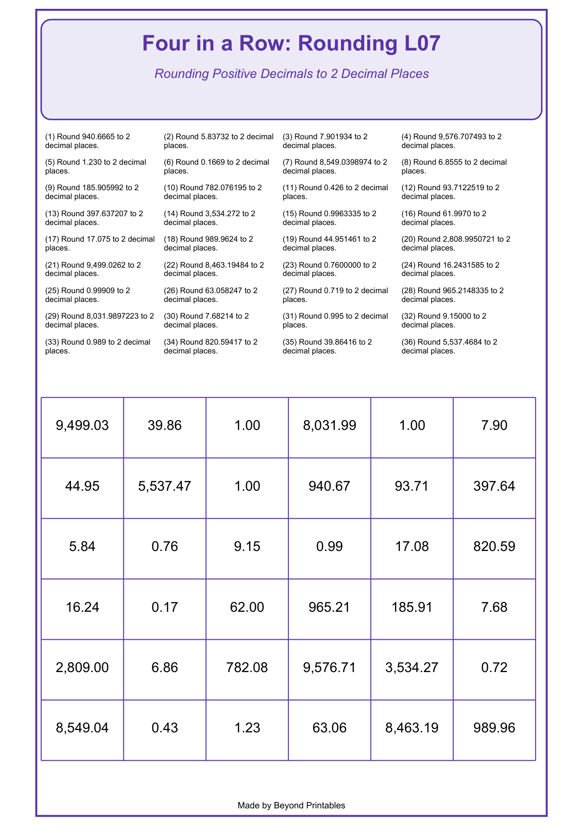 Rounding Four in a Row | Level 07: Rounding Positive Decimals to 2 Decimal Places | Version 1 — actual PDF preview page