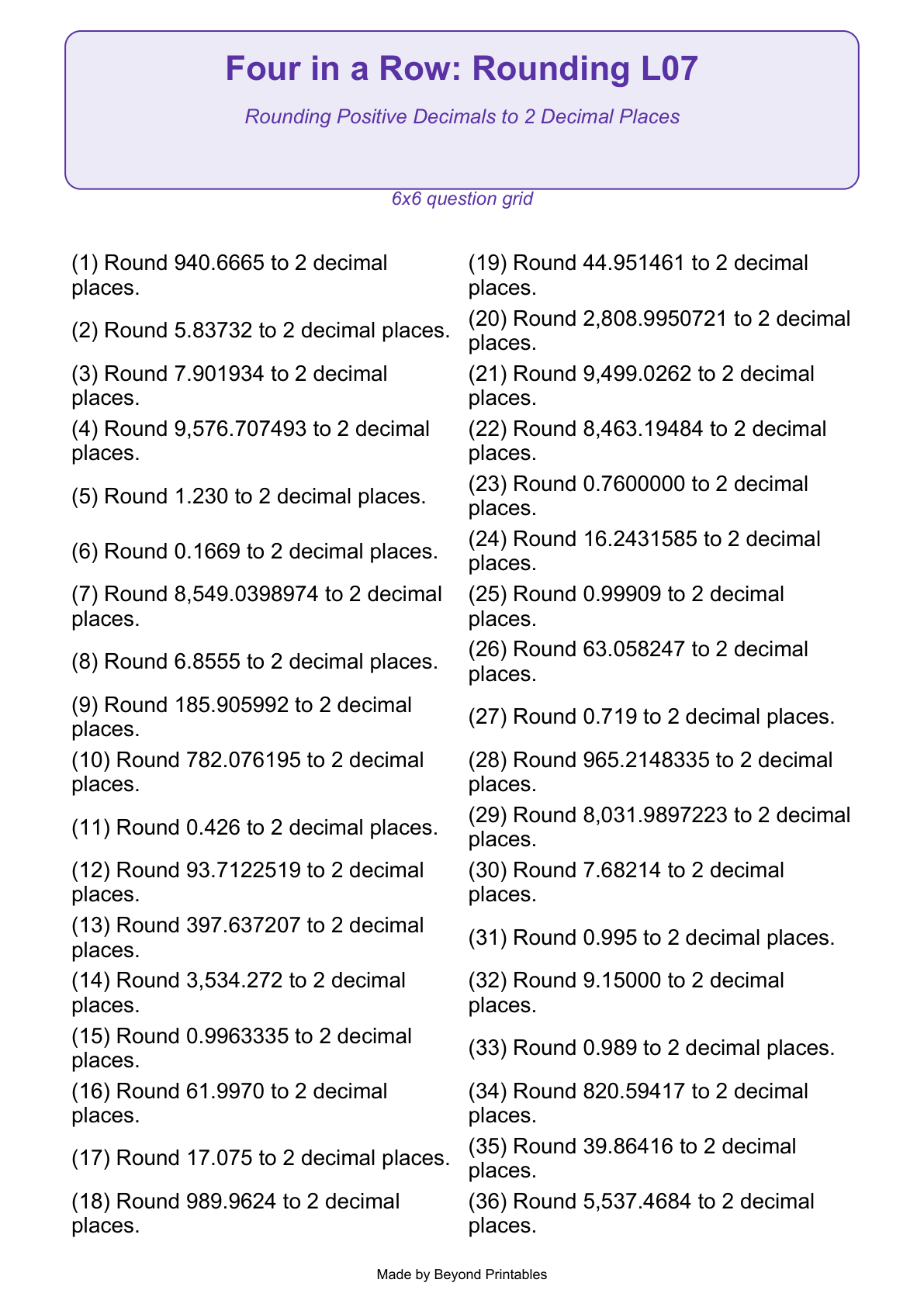 Rounding Four in a Row | Level 07: Rounding Positive Decimals to 2 Decimal Places | Version 1 — actual PDF preview page