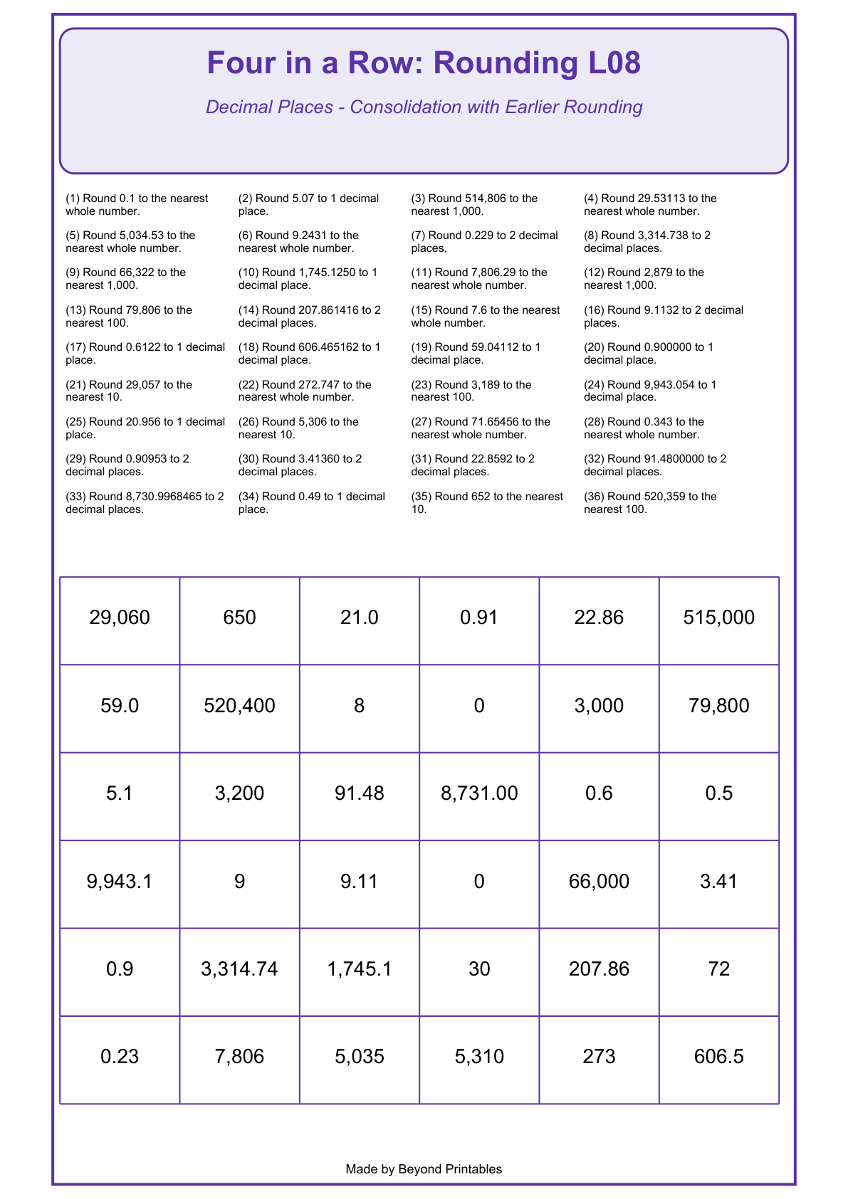 Rounding Four in a Row | Level 08: Decimal Places - Consolidation with Earlier Rounding | Version 1 — actual PDF preview page