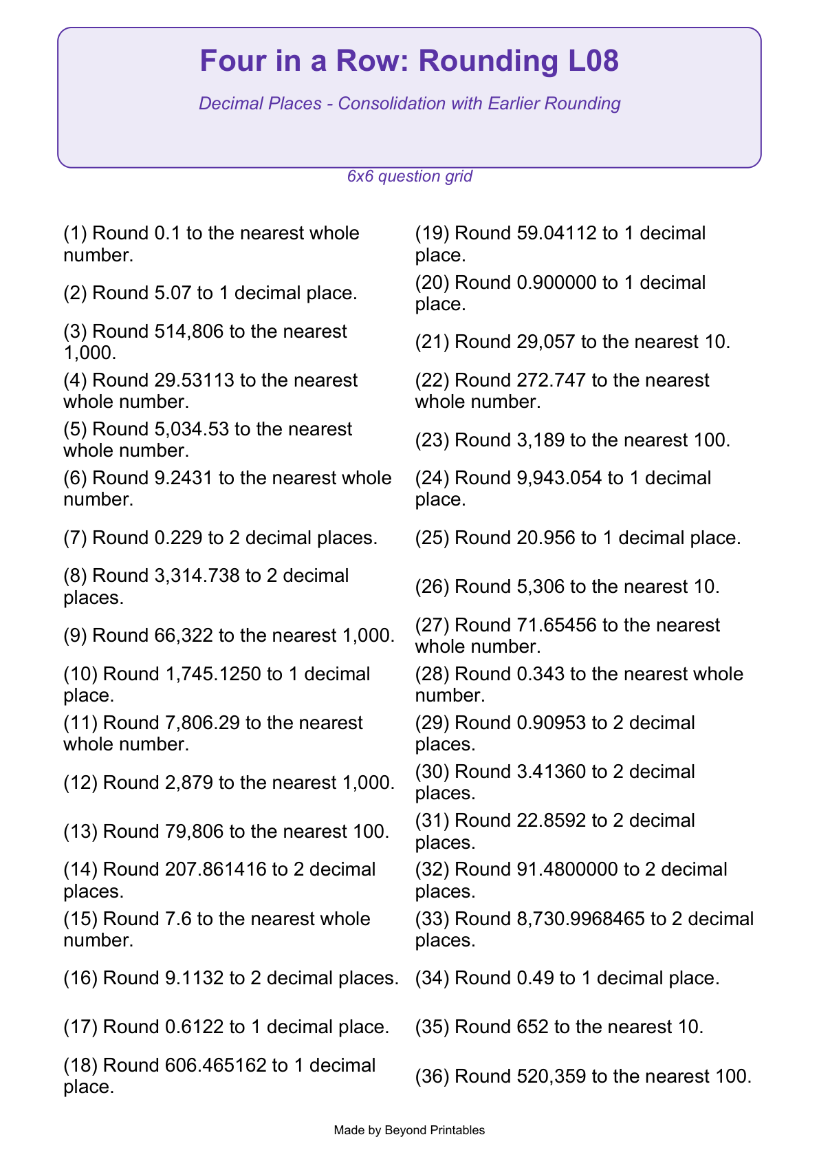 Rounding Four in a Row | Level 08: Decimal Places - Consolidation with Earlier Rounding | Version 1 — actual PDF preview page