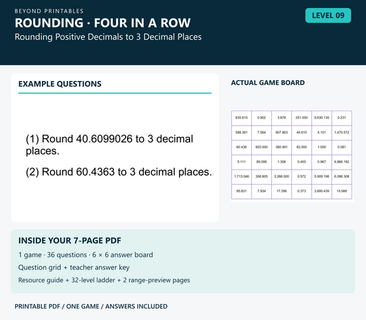 Rounding Four in a Row | Level 09: Rounding Positive Decimals to 3 Decimal Places | Version 1 — two example questions, game board and PDF contents