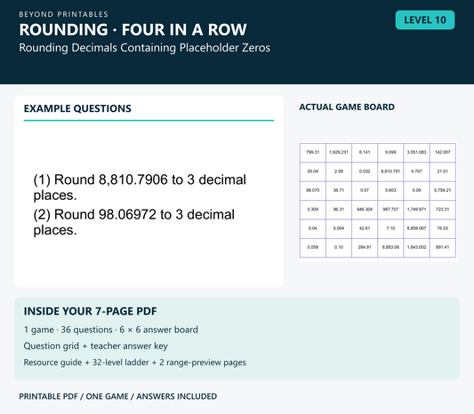 Rounding Four in a Row | Level 10: Rounding Decimals Containing Placeholder Zeros | Version 1 — two example questions, game board and PDF contents