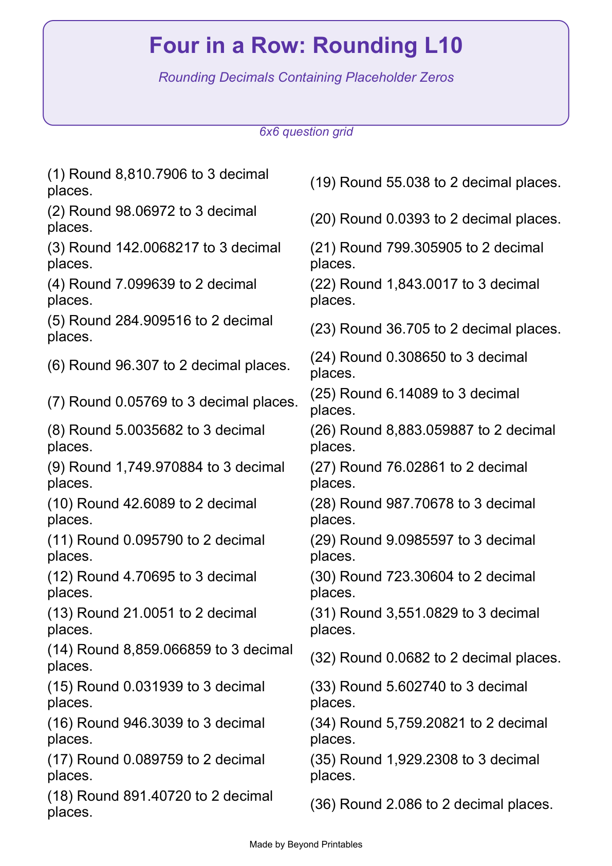 Rounding Four in a Row | Level 10: Rounding Decimals Containing Placeholder Zeros | Version 1 — question-grid