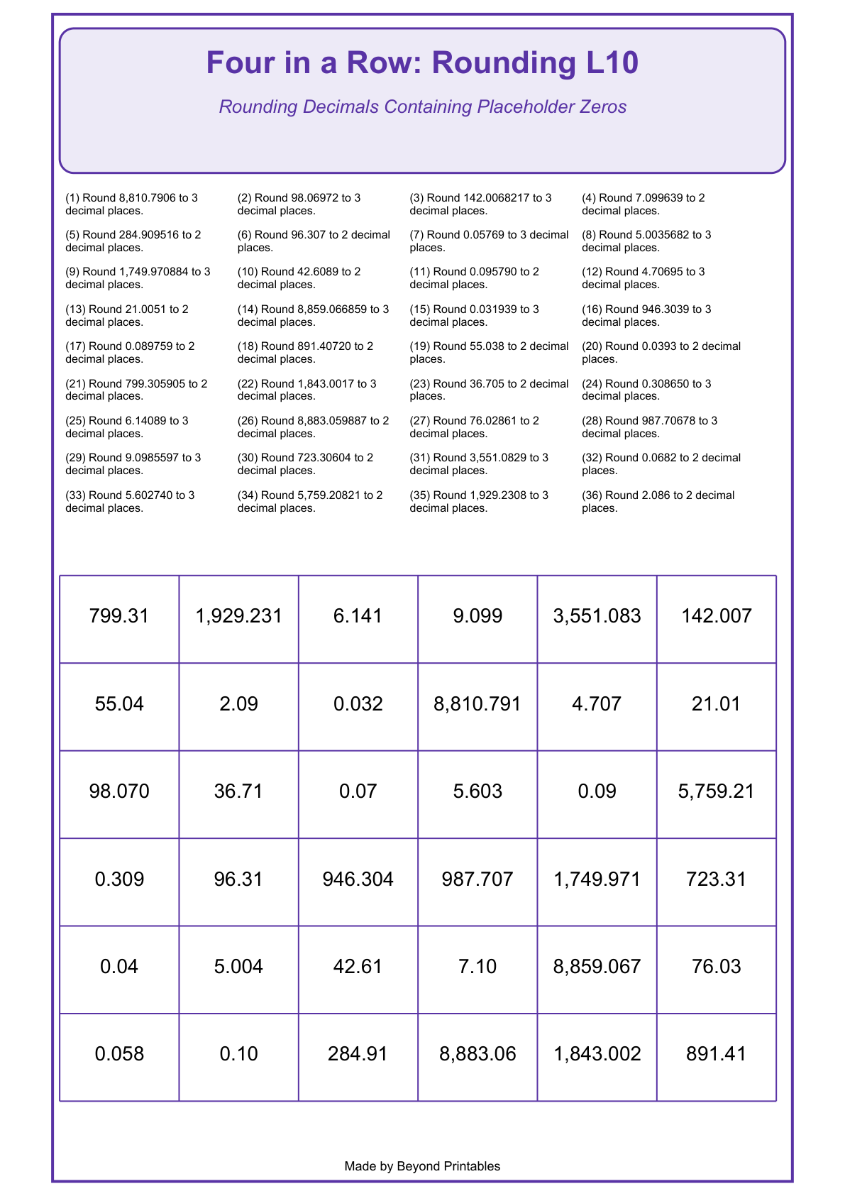 Rounding Four in a Row | Level 10: Rounding Decimals Containing Placeholder Zeros | Version 1 — actual PDF preview page