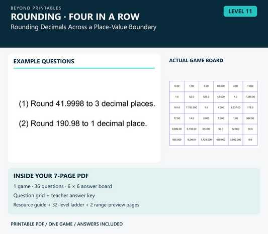 Rounding Four in a Row | Level 11: Rounding Decimals Across a Place-Value Boundary | Version 1 — two example questions, game board and PDF contents
