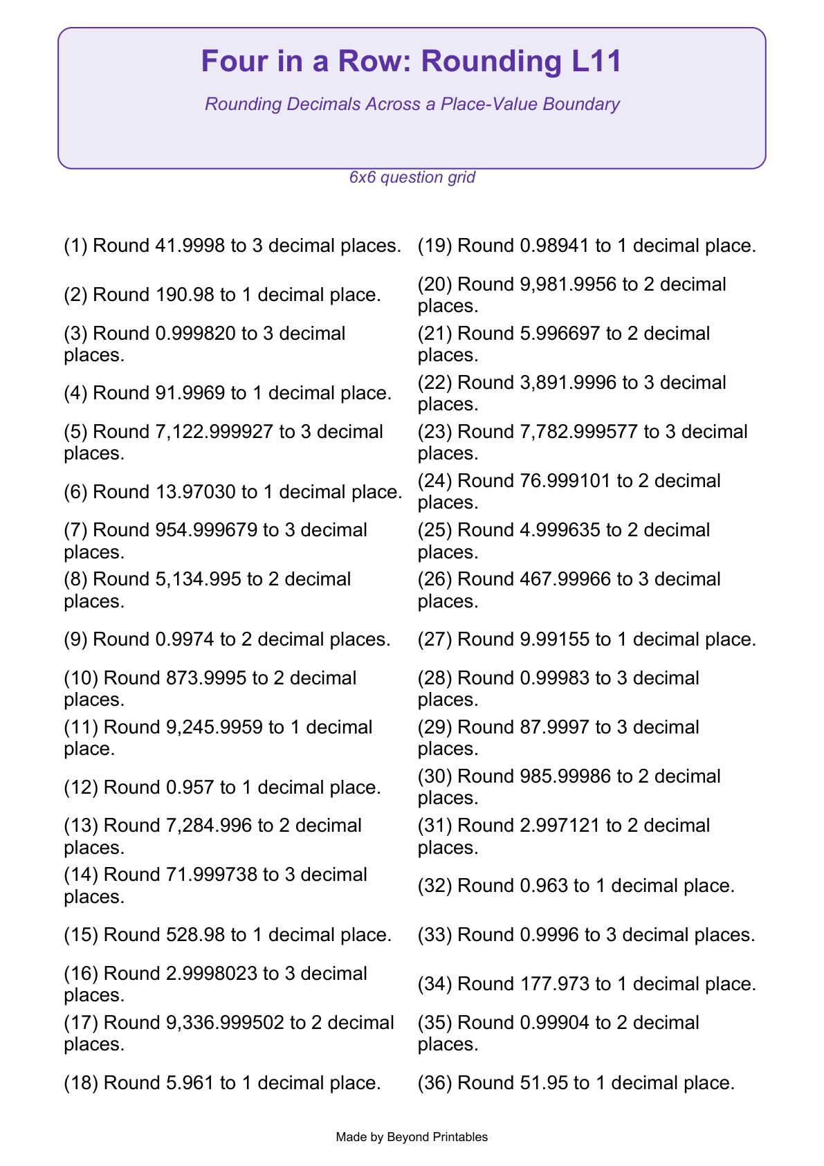 Rounding Four in a Row | Level 11: Rounding Decimals Across a Place-Value Boundary | Version 1 — question-grid