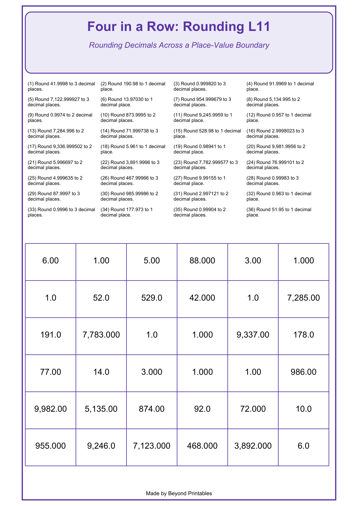 Rounding Four in a Row | Level 11: Rounding Decimals Across a Place-Value Boundary | Version 1 — actual PDF preview page