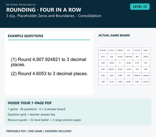 Rounding Four in a Row | Level 12: 3 d.p., Placeholder Zeros and Boundaries - Consolidation | Version 1 — two example questions, game board and PDF contents