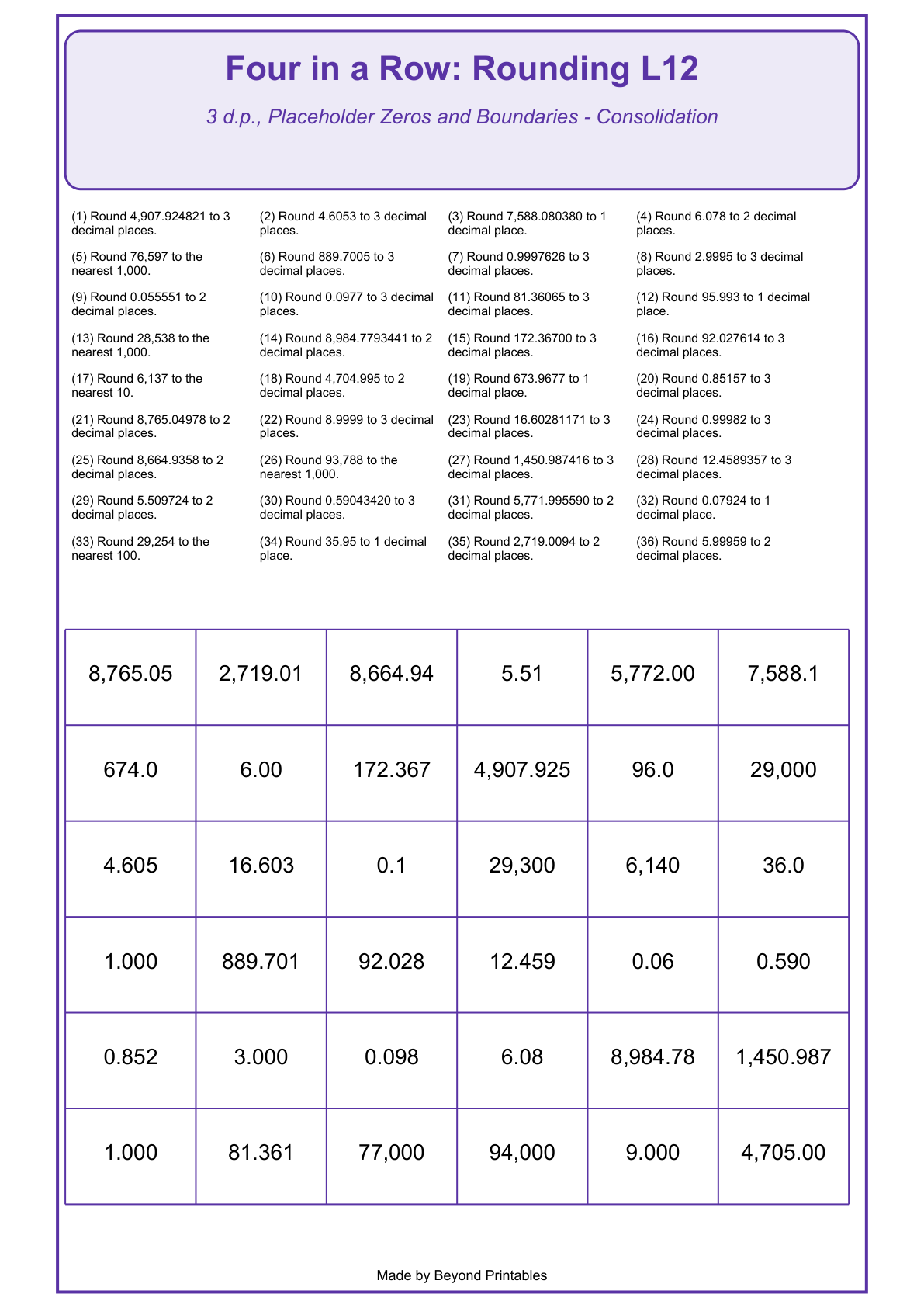 Rounding Four in a Row | Level 12: 3 d.p., Placeholder Zeros and Boundaries - Consolidation | Version 1 — actual PDF preview page