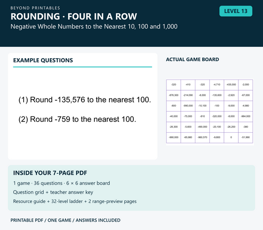 Rounding Four in a Row | Level 13: Negative Whole Numbers to the Nearest 10, 100 and 1,000 | Version 1 — two example questions, game board and PDF contents