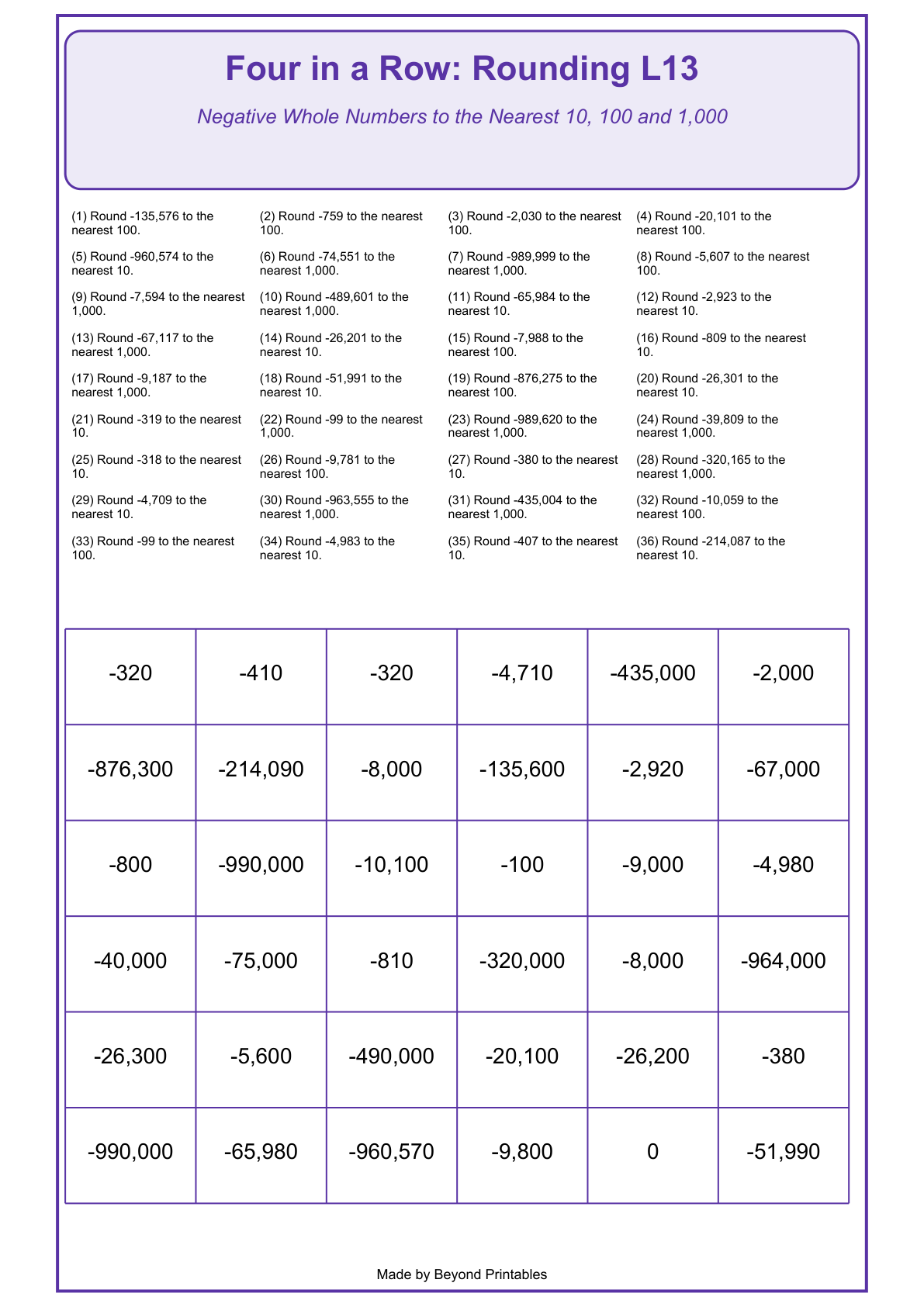 Rounding Four in a Row | Level 13: Negative Whole Numbers to the Nearest 10, 100 and 1,000 | Version 1 — game-board