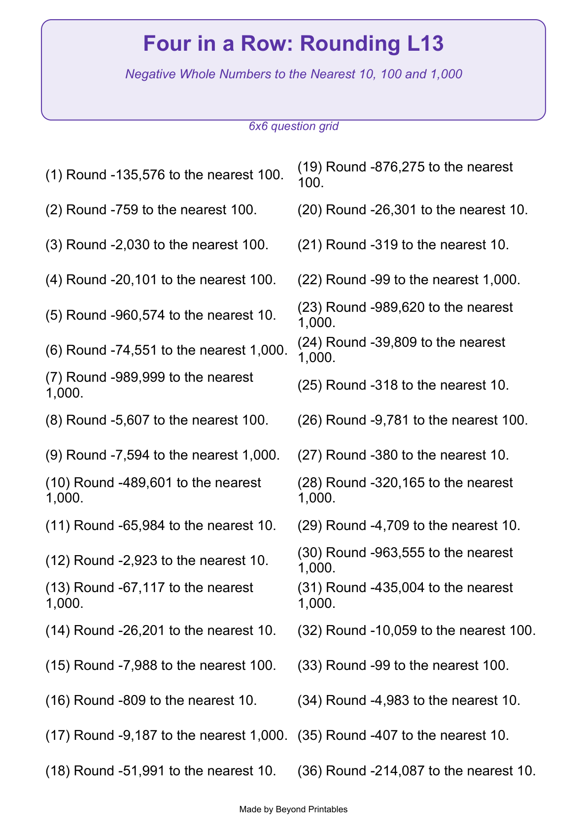 Rounding Four in a Row | Level 13: Negative Whole Numbers to the Nearest 10, 100 and 1,000 | Version 1 — actual PDF preview page