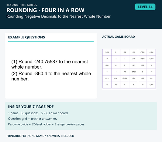 Rounding Four in a Row | Level 14: Rounding Negative Decimals to the Nearest Whole Number | Version 1 — two example questions, game board and PDF contents