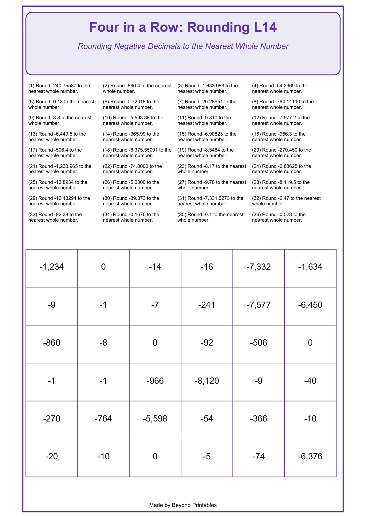 Rounding Four in a Row | Level 14: Rounding Negative Decimals to the Nearest Whole Number | Version 1 — game-board