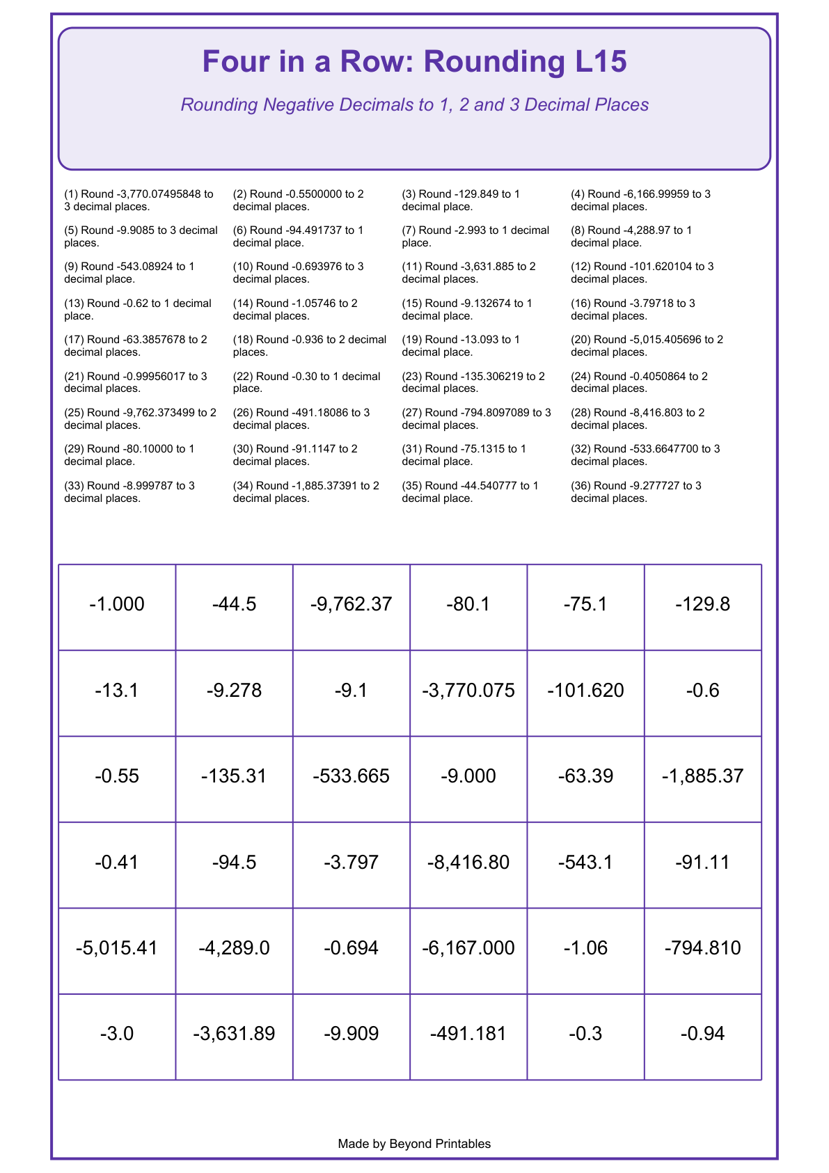 Rounding Four in a Row | Level 15: Rounding Negative Decimals to 1, 2 and 3 Decimal Places | Version 1 — game-board