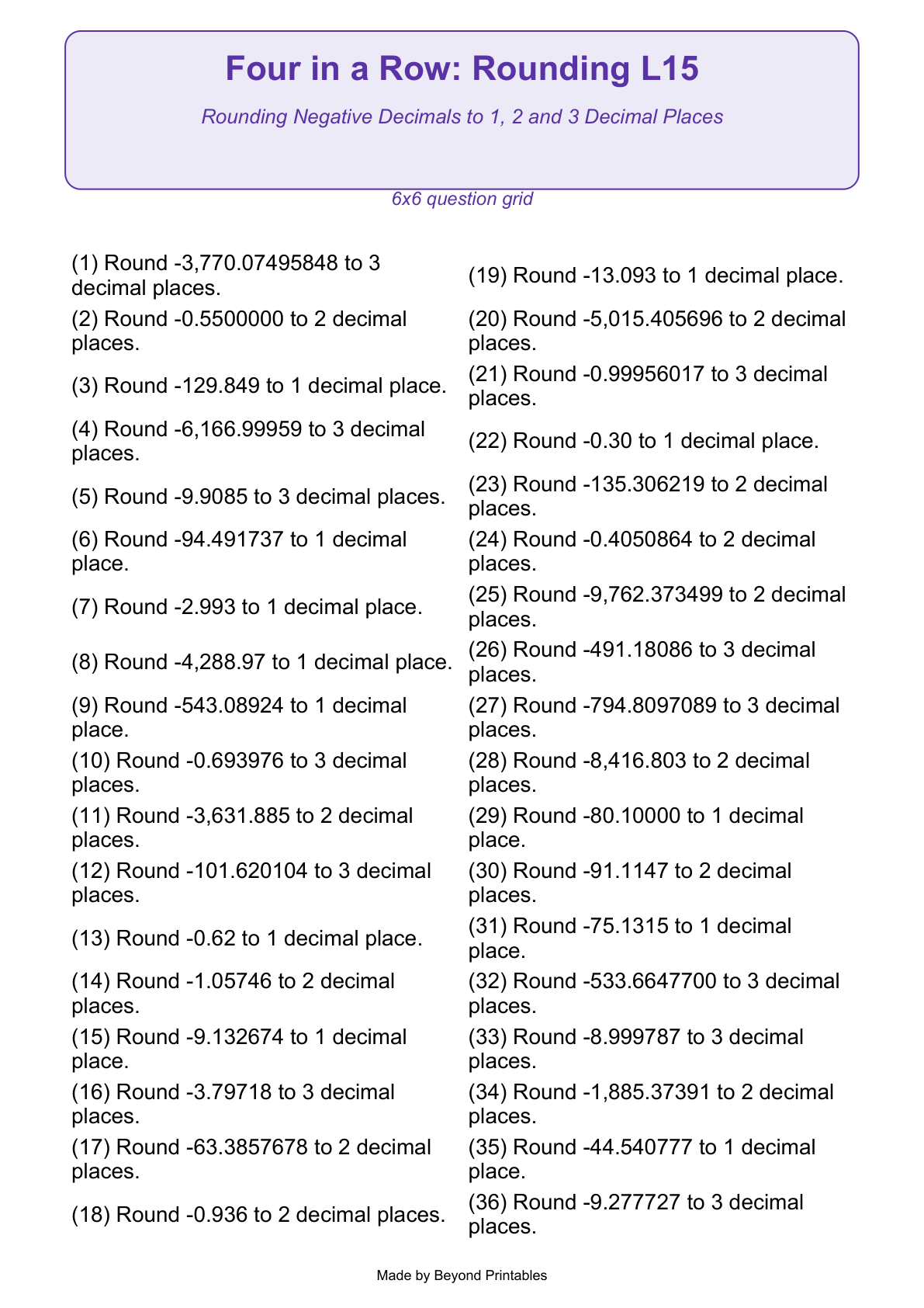Rounding Four in a Row | Level 15: Rounding Negative Decimals to 1, 2 and 3 Decimal Places | Version 1 — question-grid