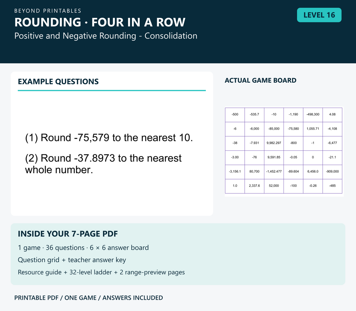 Rounding Four in a Row | Level 16: Positive and Negative Rounding - Consolidation | Version 1 — two example questions, game board and PDF contents