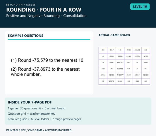 Rounding Four in a Row | Level 16: Positive and Negative Rounding - Consolidation | Version 1 — two example questions, game board and PDF contents