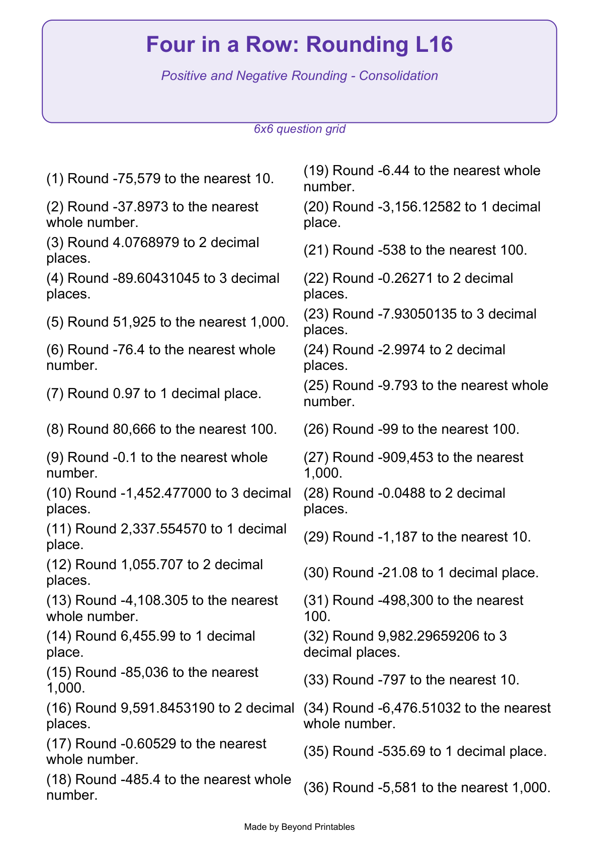 Rounding Four in a Row | Level 16: Positive and Negative Rounding - Consolidation | Version 1 — question-grid