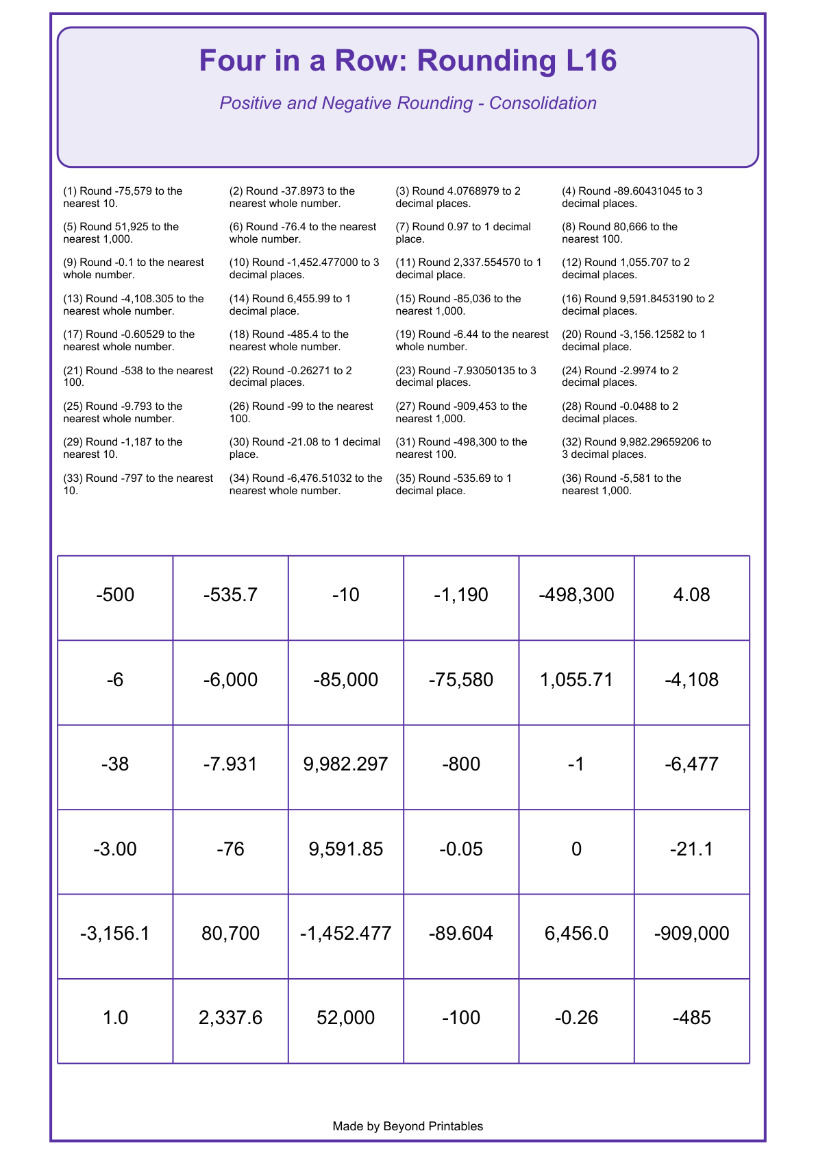 Rounding Four in a Row | Level 16: Positive and Negative Rounding - Consolidation | Version 1 — actual PDF preview page