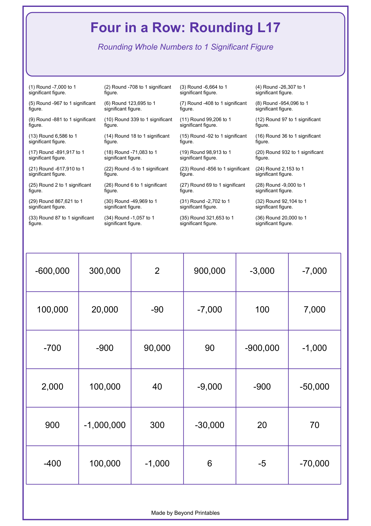Rounding Four in a Row | Level 17: Rounding Whole Numbers to 1 Significant Figure | Version 1 — game-board