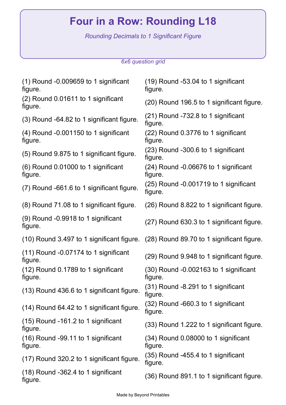 Rounding Four in a Row | Level 18: Rounding Decimals to 1 Significant Figure | Version 1 — question-grid
