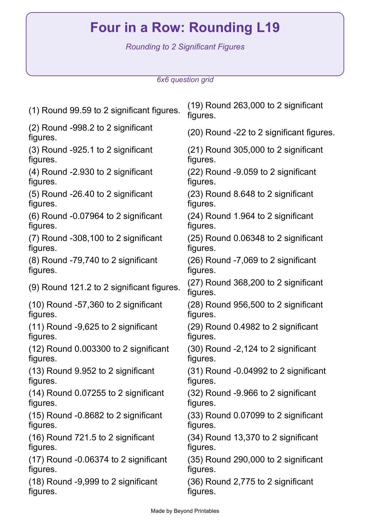 Rounding Four in a Row | Level 19: Rounding to 2 Significant Figures | Version 1 — actual PDF preview page