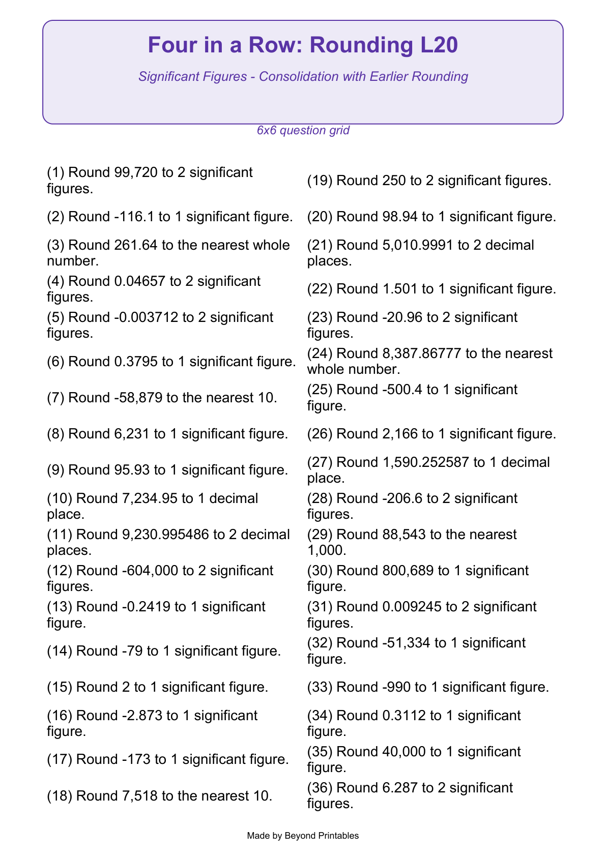 Rounding Four in a Row | Level 20: Significant Figures - Consolidation with Earlier Rounding | Version 1 — actual PDF preview page