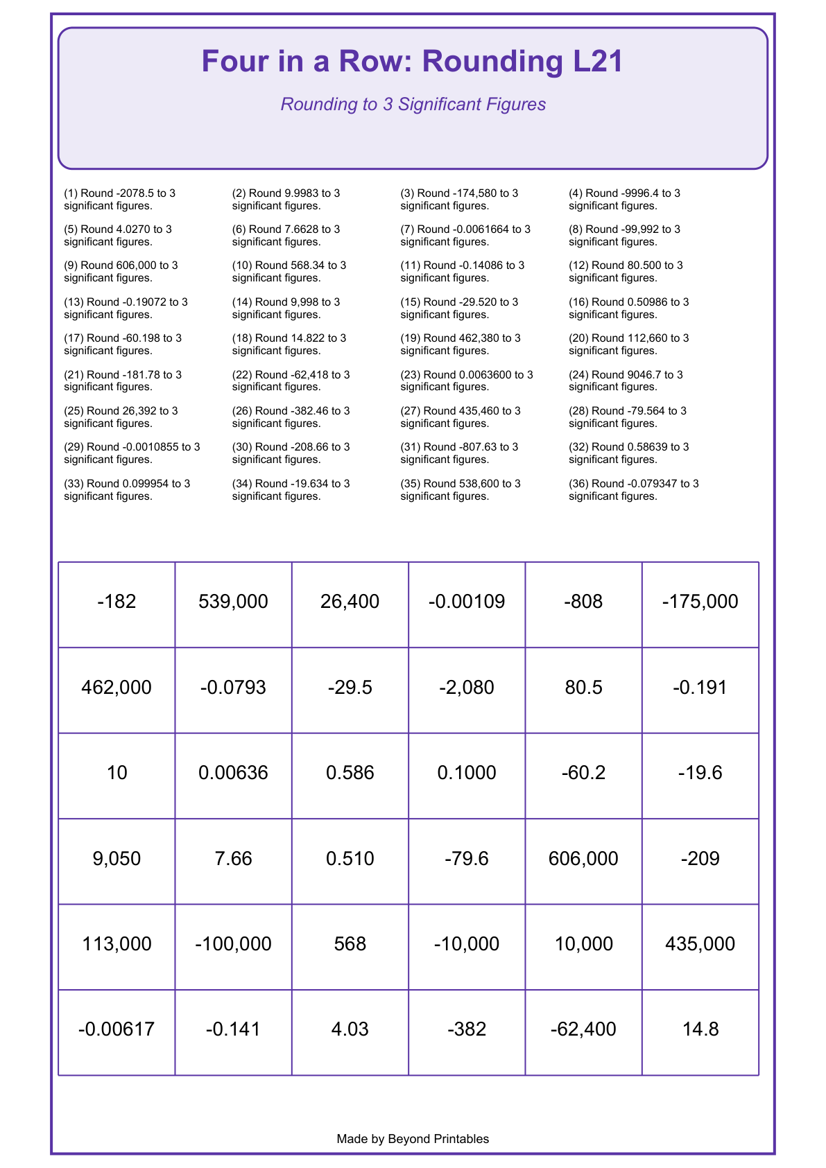 Rounding Four in a Row | Level 21: Rounding to 3 Significant Figures | Version 1 — game-board