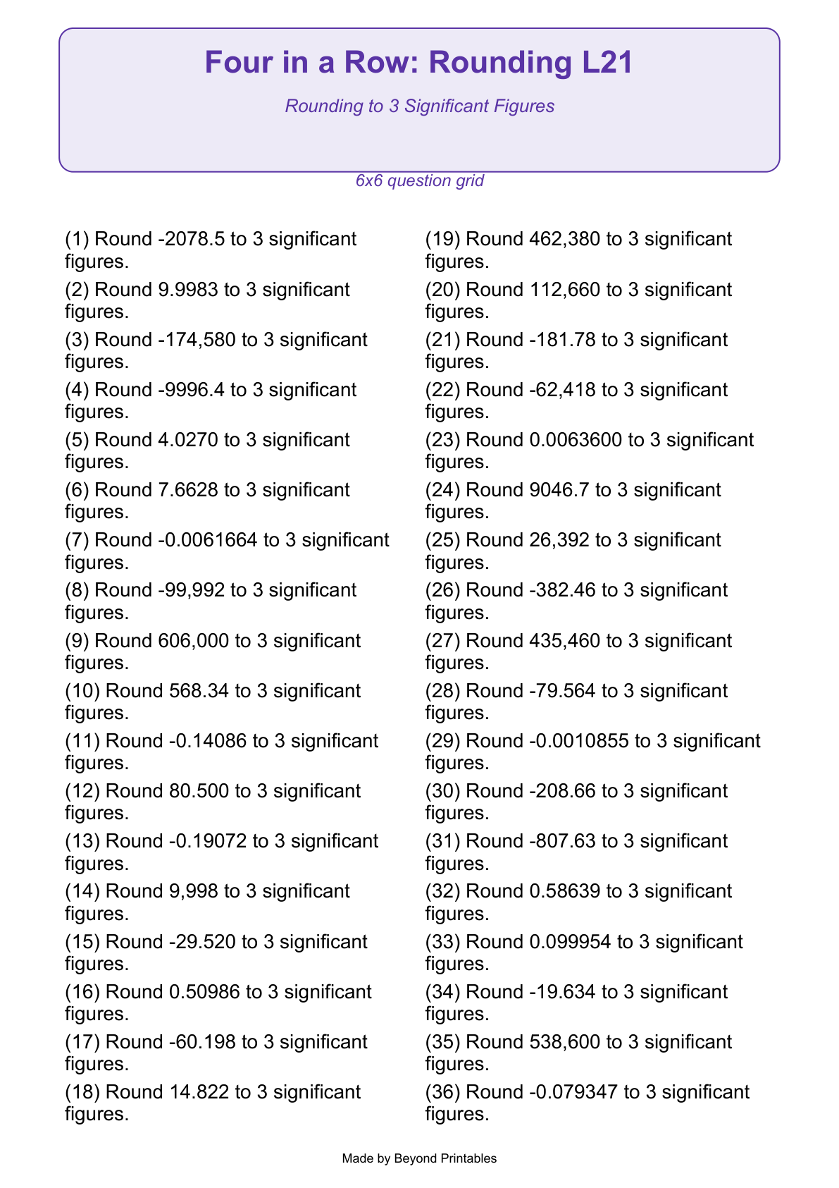 Rounding Four in a Row | Level 21: Rounding to 3 Significant Figures | Version 1 — question-grid
