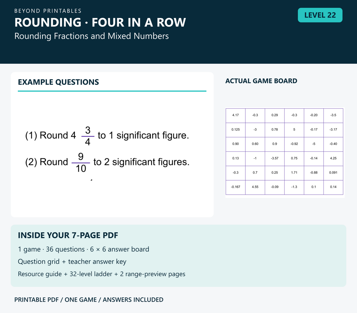 Rounding Four in a Row | Level 22: Rounding Fractions and Mixed Numbers | Version 1 — two example questions, game board and PDF contents