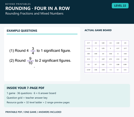 Rounding Four in a Row | Level 22: Rounding Fractions and Mixed Numbers | Version 1 — two example questions, game board and PDF contents