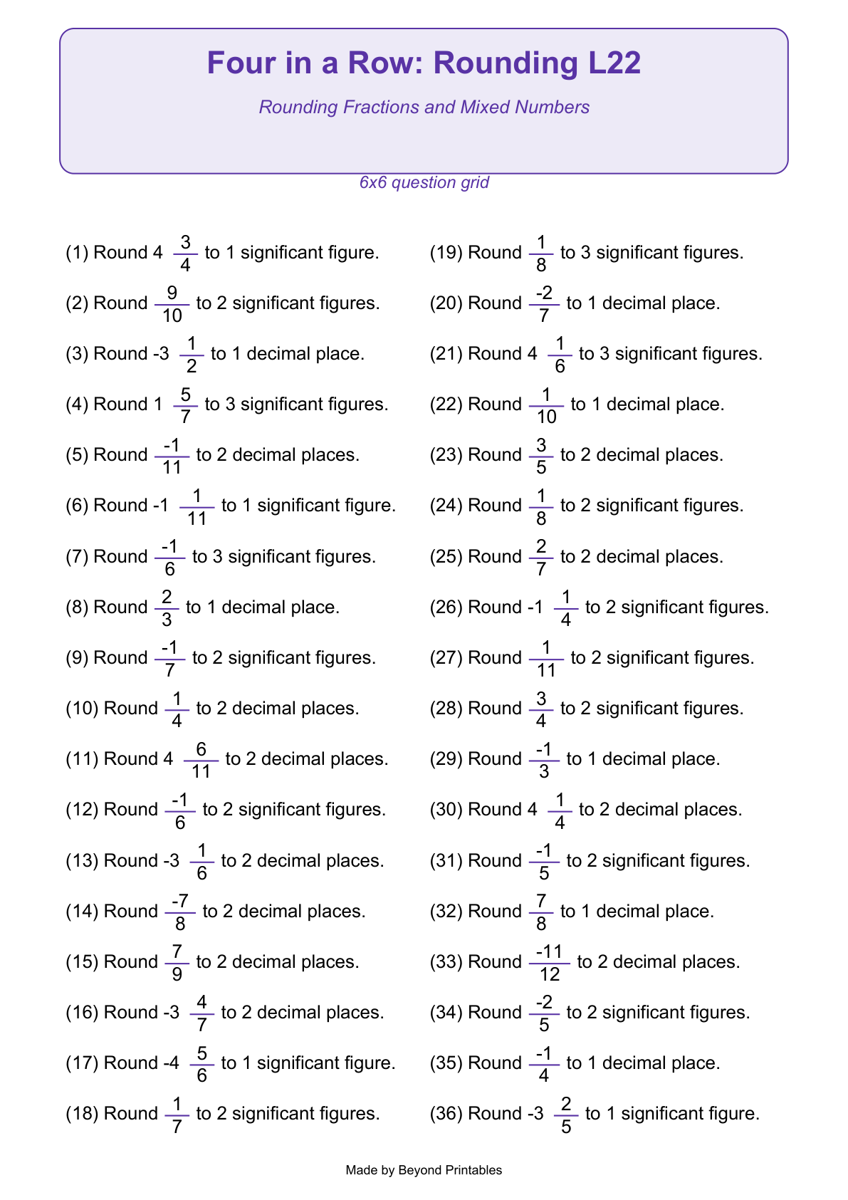 Rounding Four in a Row | Level 22: Rounding Fractions and Mixed Numbers | Version 1 — question-grid