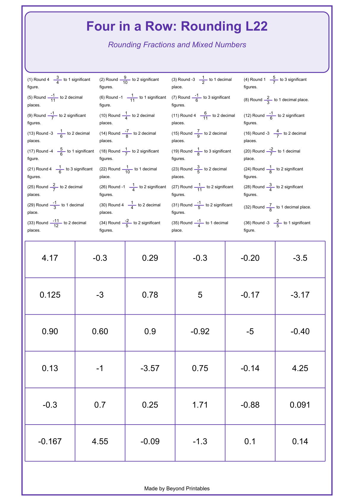 Rounding Four in a Row | Level 22: Rounding Fractions and Mixed Numbers | Version 1 — actual PDF preview page