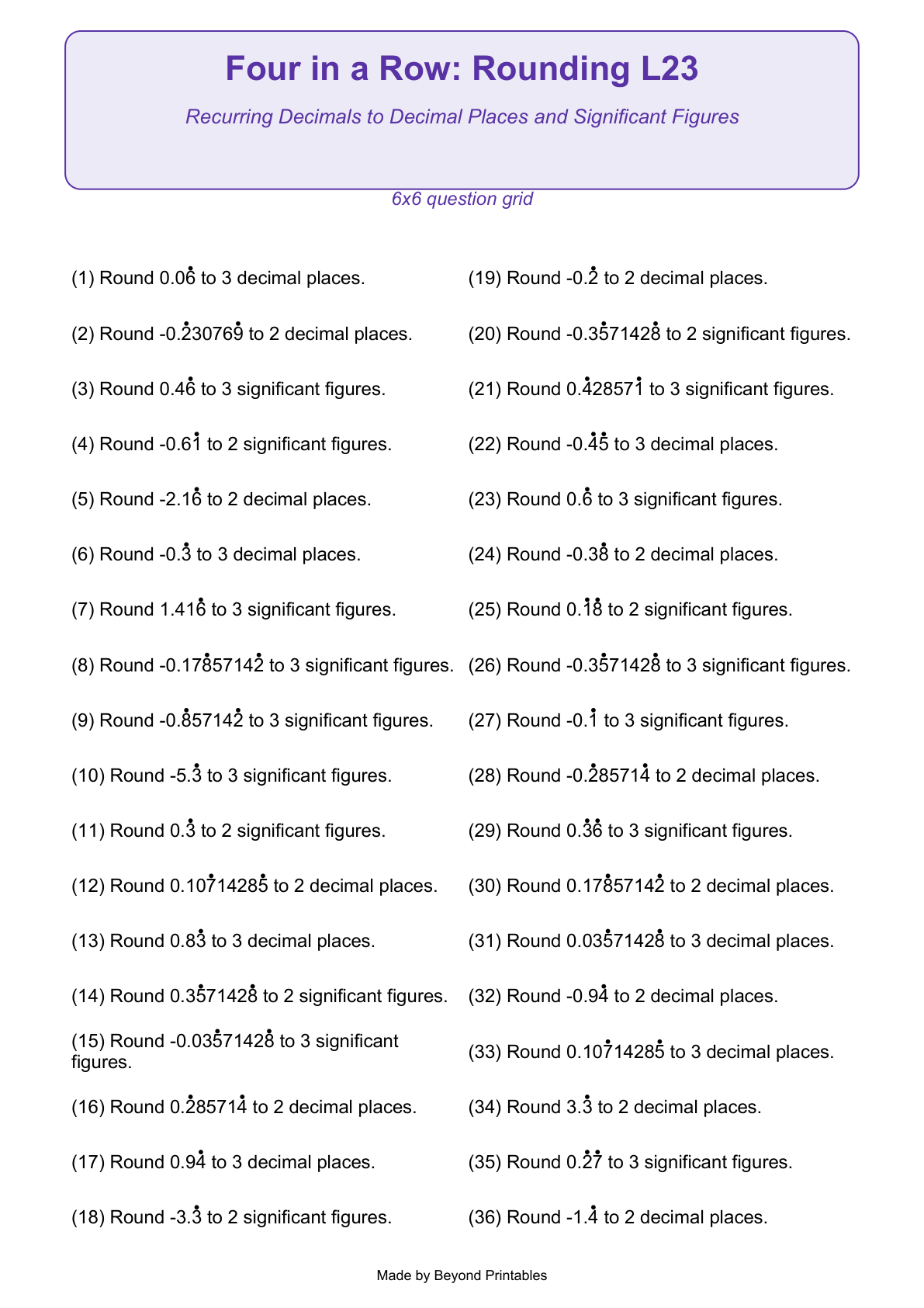 Rounding Four in a Row | Level 23: Recurring Decimals to Decimal Places and Significant Figures | Version 1 — question-grid