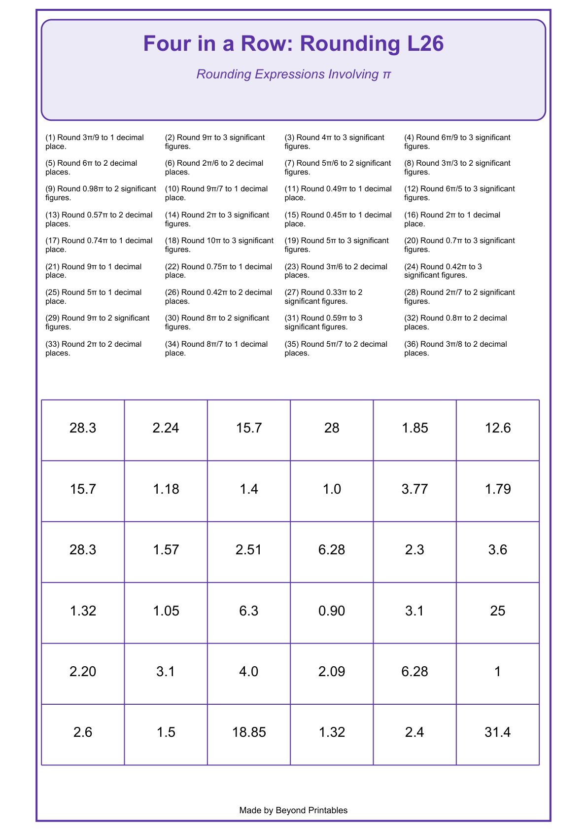 Rounding Four in a Row | Level 26: Rounding Expressions Involving π | Version 1 — game-board