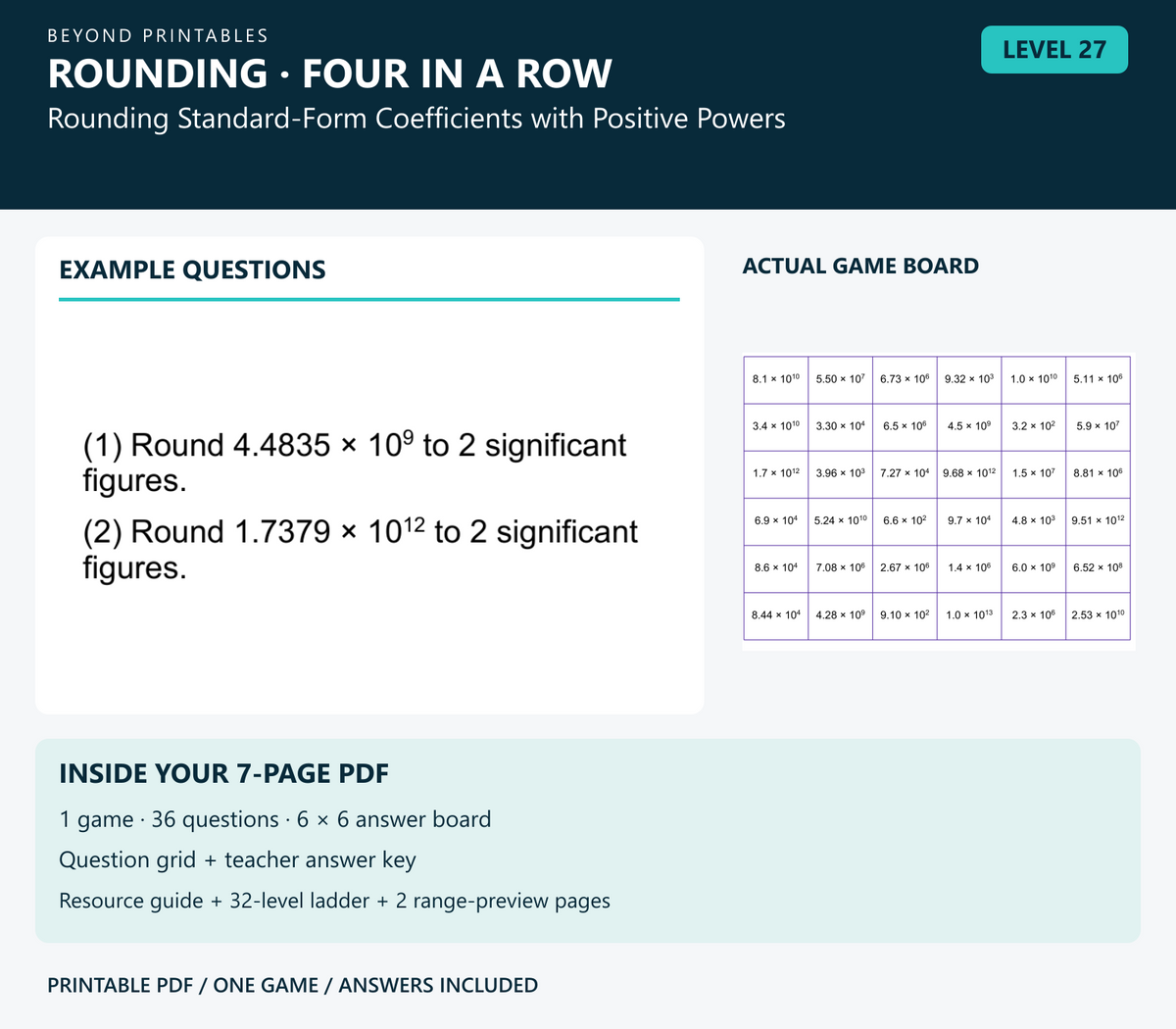 Rounding Four in a Row | Level 27: Rounding Standard-Form Coefficients with Positive Powers | Version 1 — two example questions, game board and PDF contents