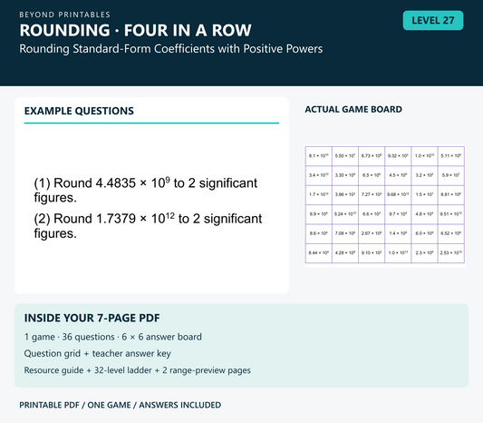 Rounding Four in a Row | Level 27: Rounding Standard-Form Coefficients with Positive Powers | Version 1 — two example questions, game board and PDF contents