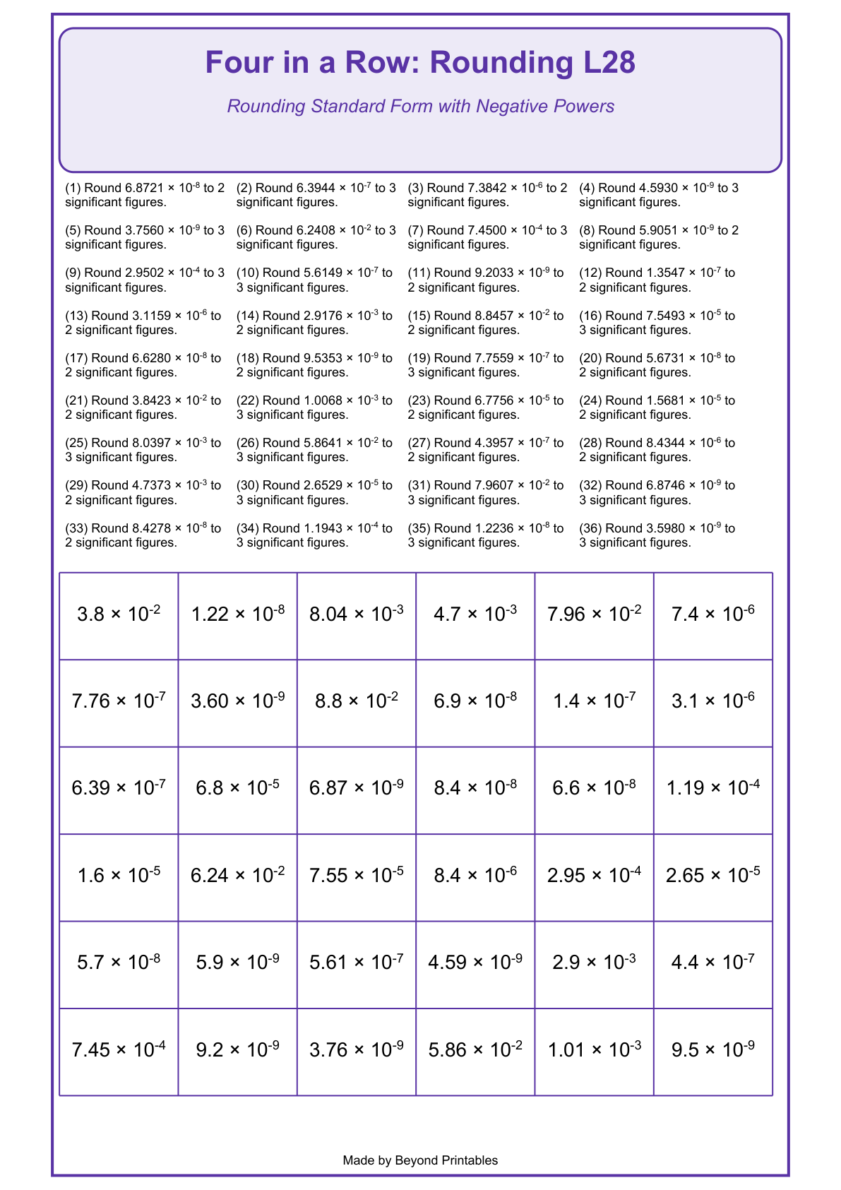 Rounding Four in a Row | Level 28: Rounding Standard Form with Negative Powers | Version 1 — game-board