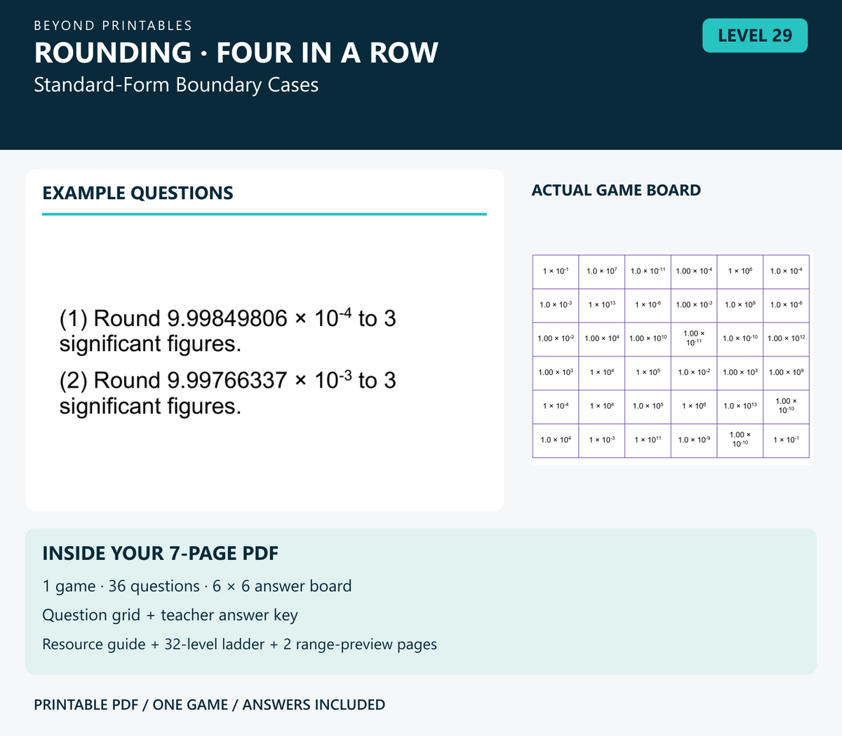 Rounding Four in a Row | Level 29: Standard-Form Boundary Cases | Version 1 — two example questions, game board and PDF contents
