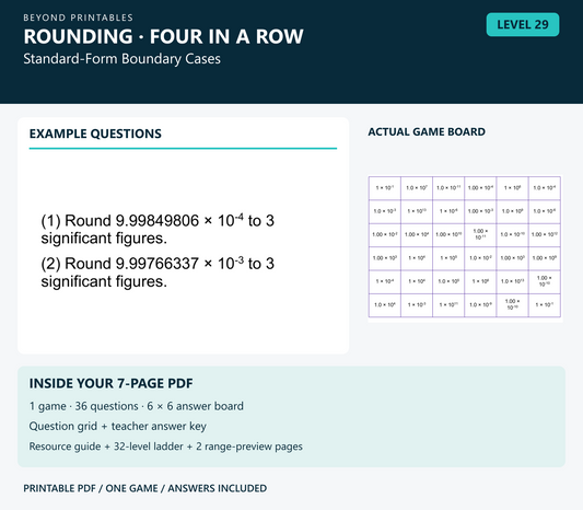 Rounding Four in a Row | Level 29: Standard-Form Boundary Cases | Version 1 — two example questions, game board and PDF contents
