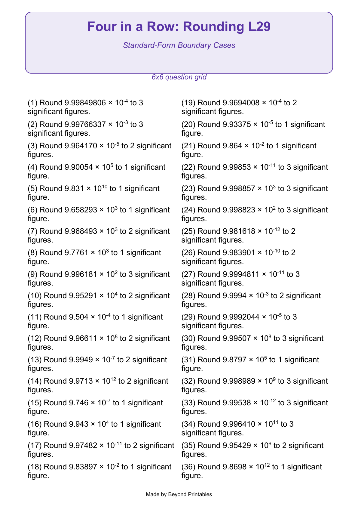 Rounding Four in a Row | Level 29: Standard-Form Boundary Cases | Version 1 — question-grid