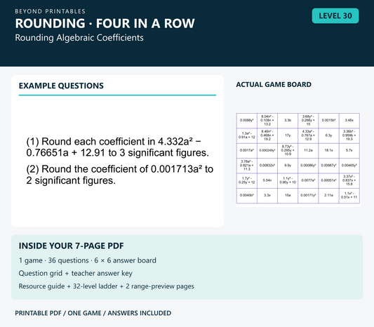 Rounding Four in a Row | Level 30: Rounding Algebraic Coefficients | Version 1 — two example questions, game board and PDF contents